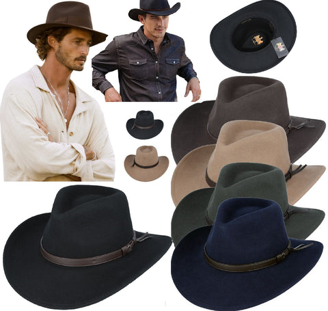 Mens Cowboy Hat Crushable Unisex 100% Wool Stetson Western Style Outback Fedora 9cm Brim Al Capone Band Felt Fedora Hats - House Of Fashion Wear