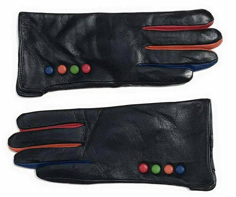 Soft Full Leather Gloves Coloured Button Fully Lined Black Blue Red New Ladies - House Of Fashion Wear