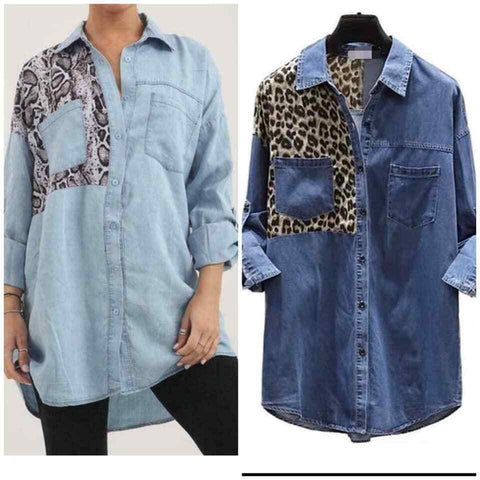 Ladies Denim Animal Shirt Leopard Print Collared Button Up Women Oversized Top - House Of Fashion Wear