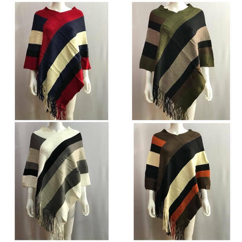 NEW WOMEN'S PONCHO KNITTED STRIPE LADIES FRINGE LONG SLANTED CAPE RUFFLE JUMPERS - House Of Fashion Wear