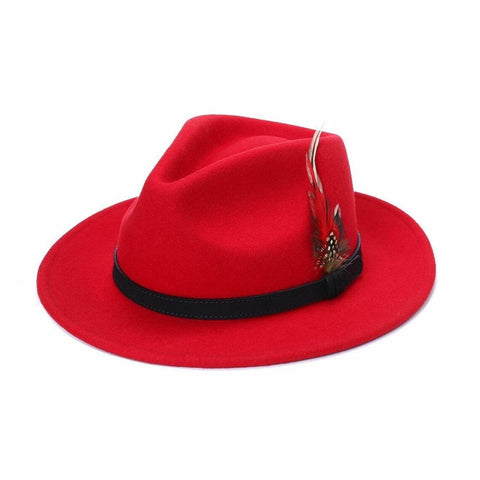 Adults Red Fedora Hat 100% Wool Felt Hats Feather Summer Cap Adjustable Band Hat - House Of Fashion Wear