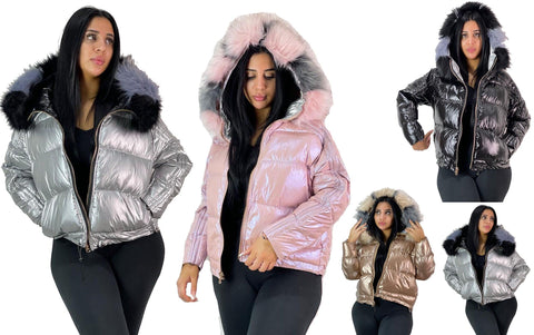 Puffer Jacket Bubble Shiny Ladies Wet Look PVC PU Faux Hooded Reversible Coat - House Of Fashion Wear