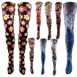 Ladies Tights Printed Patterned Tattoo Flower Floral Vintage Tartan Pop Comic - House Of Fashion Wear