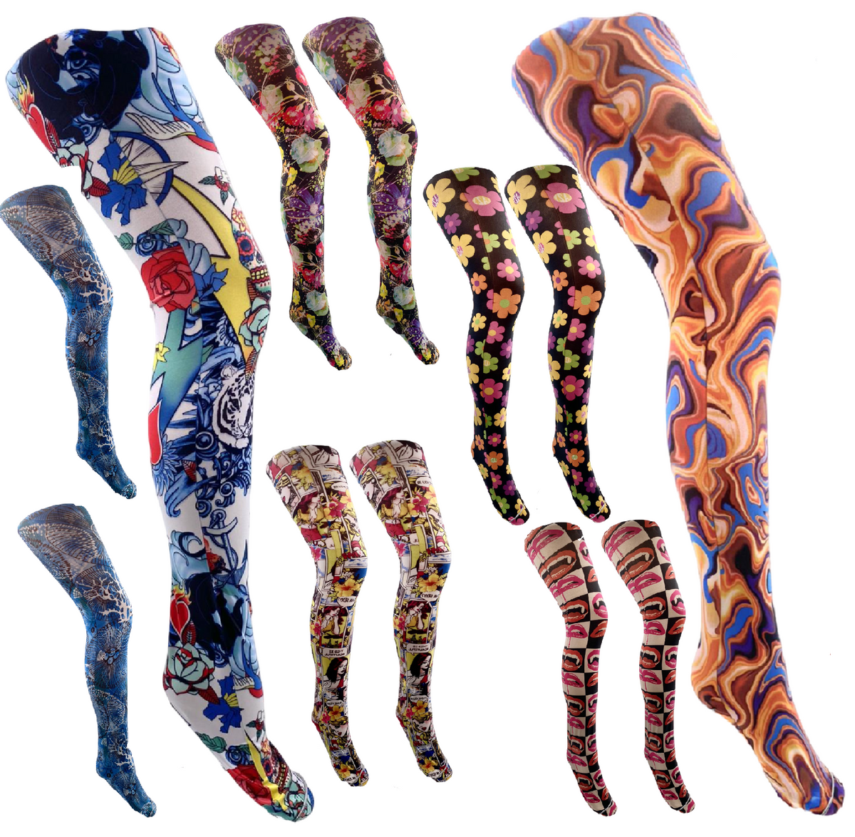 PATTERNED PRINTED TIGHTS Festival 60's 70's 90's Bright Vintage Pop Art  Comic £11.99 - PicClick UK