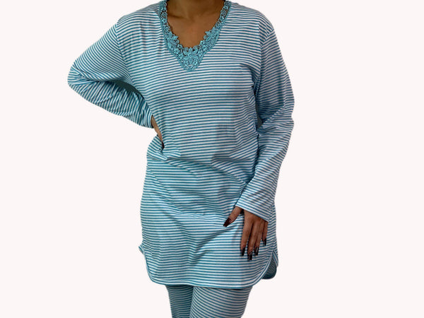 Ladies Pyjama Set 100%Cotton PJs Nightdress Lace Long Sleeve Striped Womens Nightwear - House Of Fashion Wear