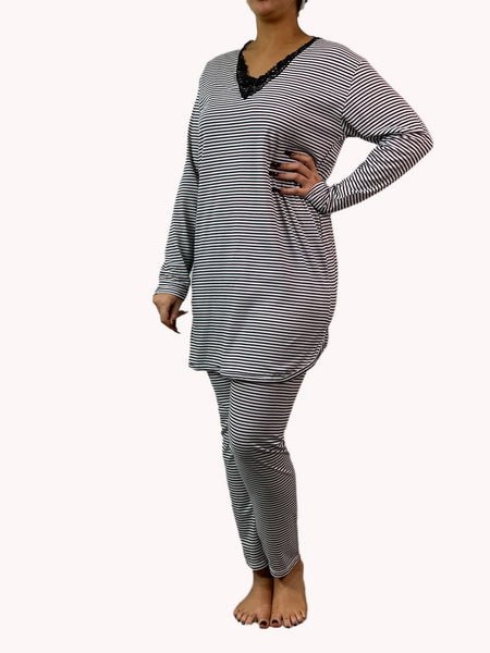 Ladies Pyjama Set 100%Cotton PJs Nightdress Lace Long Sleeve Striped Womens Nightwear - House Of Fashion Wear