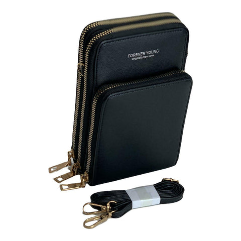 Adult Black 3 Zipped Messenger Bag Shoulder Cross Body Mobile Phone Travel Purse - House Of Fashion Wear