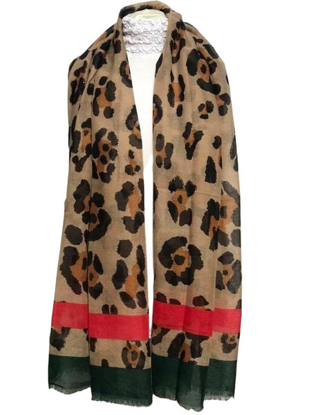 Ladies Leopard Print Scarf Summer Striped Borders Long Animal Designer Inspired Large Long Wrap Shawl Scarves - House Of Fashion Wear