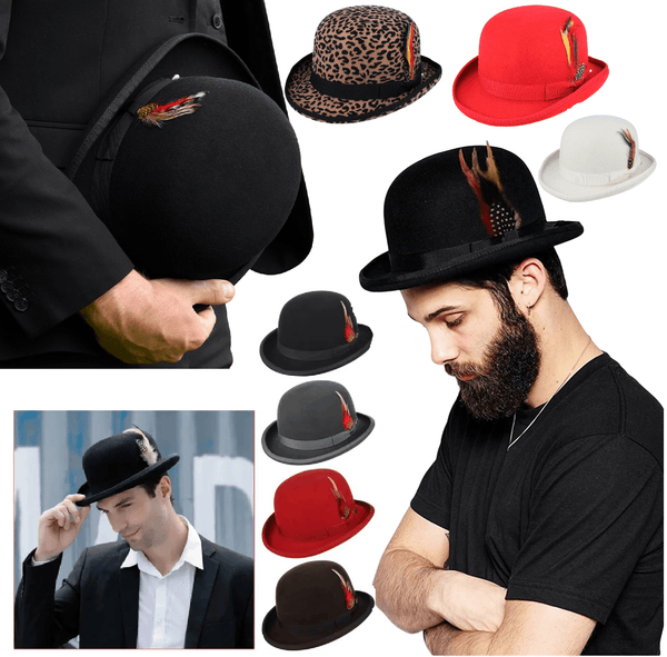 Men's Bowler Hat Wool Felt , Bowler Hat, Unisex Wool Felt Hat, 100%Wool Felt Bowler Hat, Classic Bowler Hat, Removable Feather,Any Occasions - House Of Fashion Wear