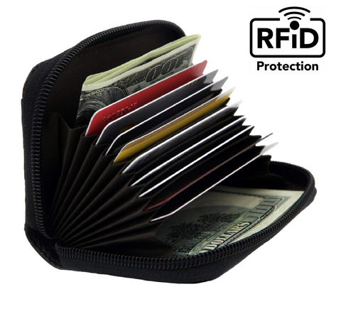 Men's RFID Leather Credit Card Holder Wallet Blocking Mini Card Case With Zipper For Women Men Black - House Of Fashion Wear