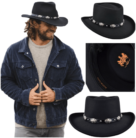 Men’s Gambler Hat Cowboy Fedora 100% Wool Water Repellent Gaucho Unisex Black Crushable Hats With Buckle Band - House Of Fashion Wear