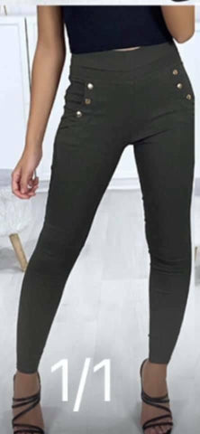 Ladies Khaki 3 Button Pocket Legging Thick Fleece Lined Warm High Waist Trousers - House Of Fashion Wear