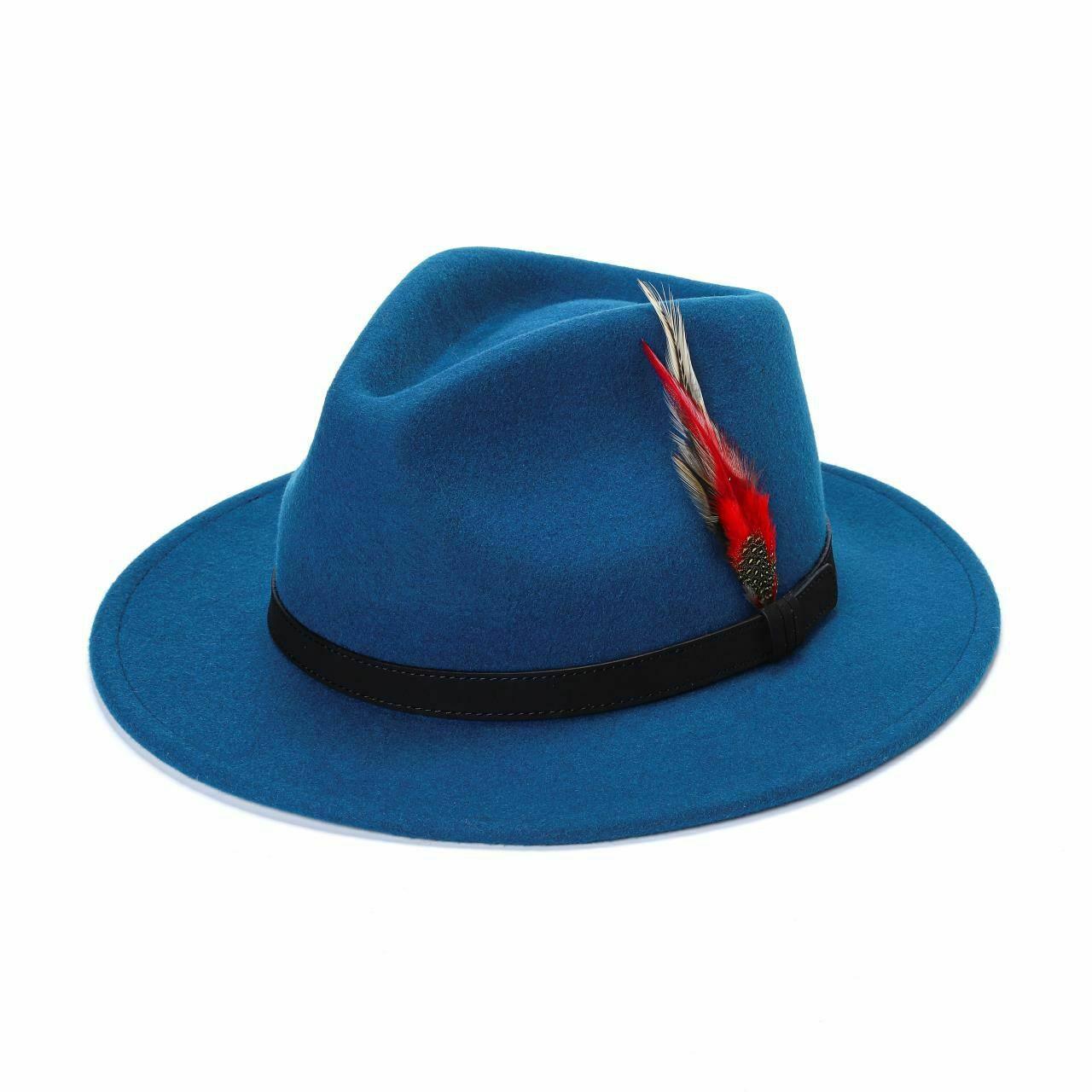 Adults Turquoise Fedora Hat 100% Wool Felt Hats Feather Summer Cap Adjustable Band Hat - House Of Fashion Wear