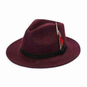 Adults Burgundy Fedora Hat 100% Wool Felt Hats Feather Summer Cap Adjustable Band Hat - House Of Fashion Wear