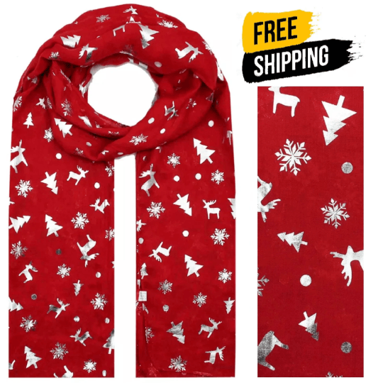 Ladies Christmas Scarf Snowflake Red Silver Foil Metallic Tree Reindeer Stole Soft Wrap Xmas Present Gift Women's Scarves & Shawls Wraps - House Of Fashion Wear