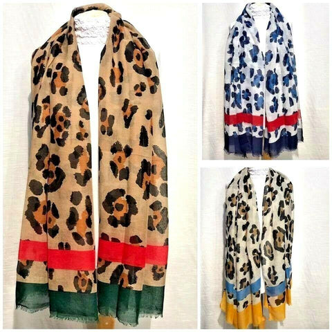 Leopard Print Scarf Pashmina Striped Borders Long Animal New Designer Inspired - House Of Fashion Wear
