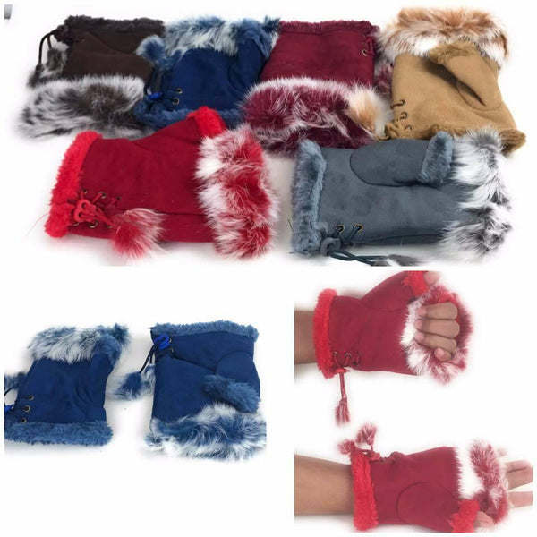 Ladies Fingerless Gloves Women Pom Pom Winter Faux Fur Mittens Soft Warm Lined Thermal - House Of Fashion Wear
