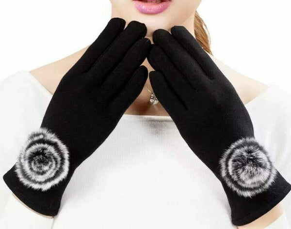 Women Ladies Thick Fleece Gloves Warm Thermal Fur Lined BIG Pom Pom Winter Glove - House Of Fashion Wear
