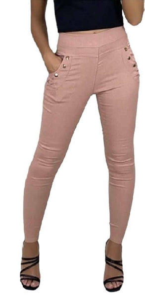Ladies Pink 3 Button Pocket Legging Thick Fleece Lined Warm High Waist Trousers - House Of Fashion Wear