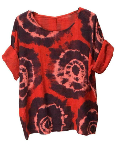 Women Tie Dye Red Italian Cotton Top Lagenlook Floral Summer Ladies Tunic Dress Most Fit One Size - House Of Fashion Wear