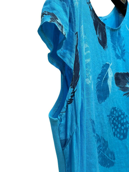 Ladies Turquoise Leaves Linen Italian Dress Lagenlook Pocket Fancy Dress Party - House Of Fashion Wear