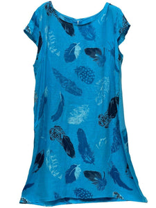 Ladies Turquoise Leaves Linen Italian Dress Lagenlook Pocket Fancy Dress Party - House Of Fashion Wear